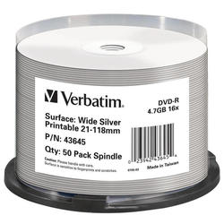 Диск DVD-R 4.7Gb 16x Bulk Wide Silver Printable 50шт/упак 43645 Verbatim