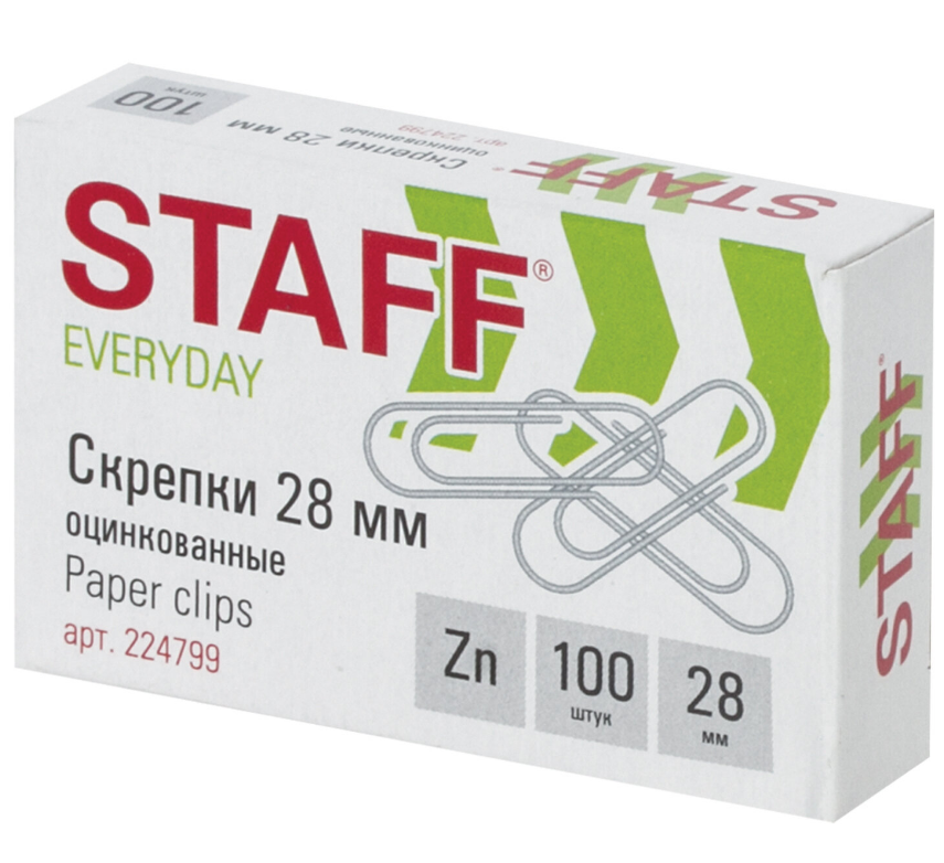 Скрепки канц. 28мм оцинк 100шт/уп STAFF 224799 Россия