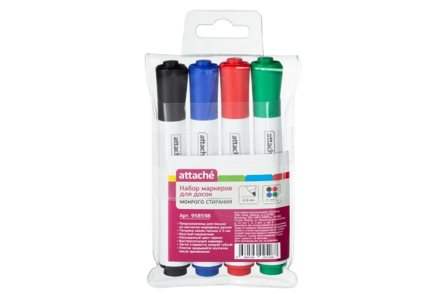 Маркер для доски 2-5мм мокрого стирания 4цв/уп ATTACHE 958598